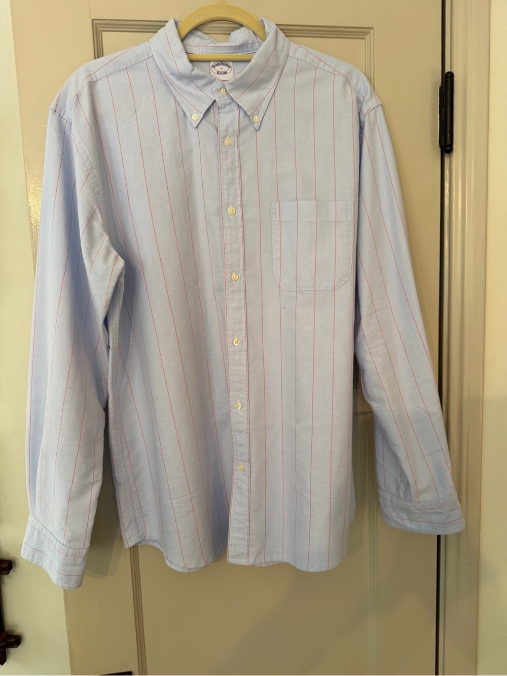 Brooks Brothers Button Down Oxford Shirt Like New Blue with Light Red Pinstripes